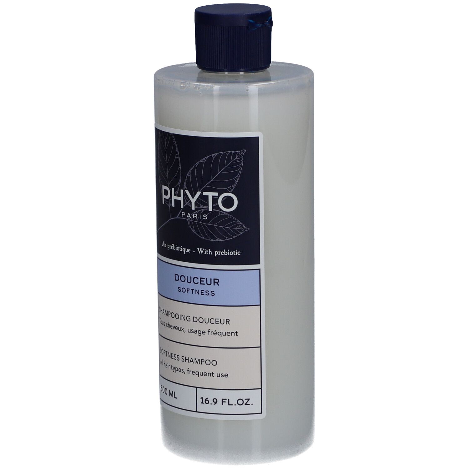 Shampoing Douceur Softness Phyto Paris dans une bouteille transparente avec un bouchon bleu. Contient 500 ml.