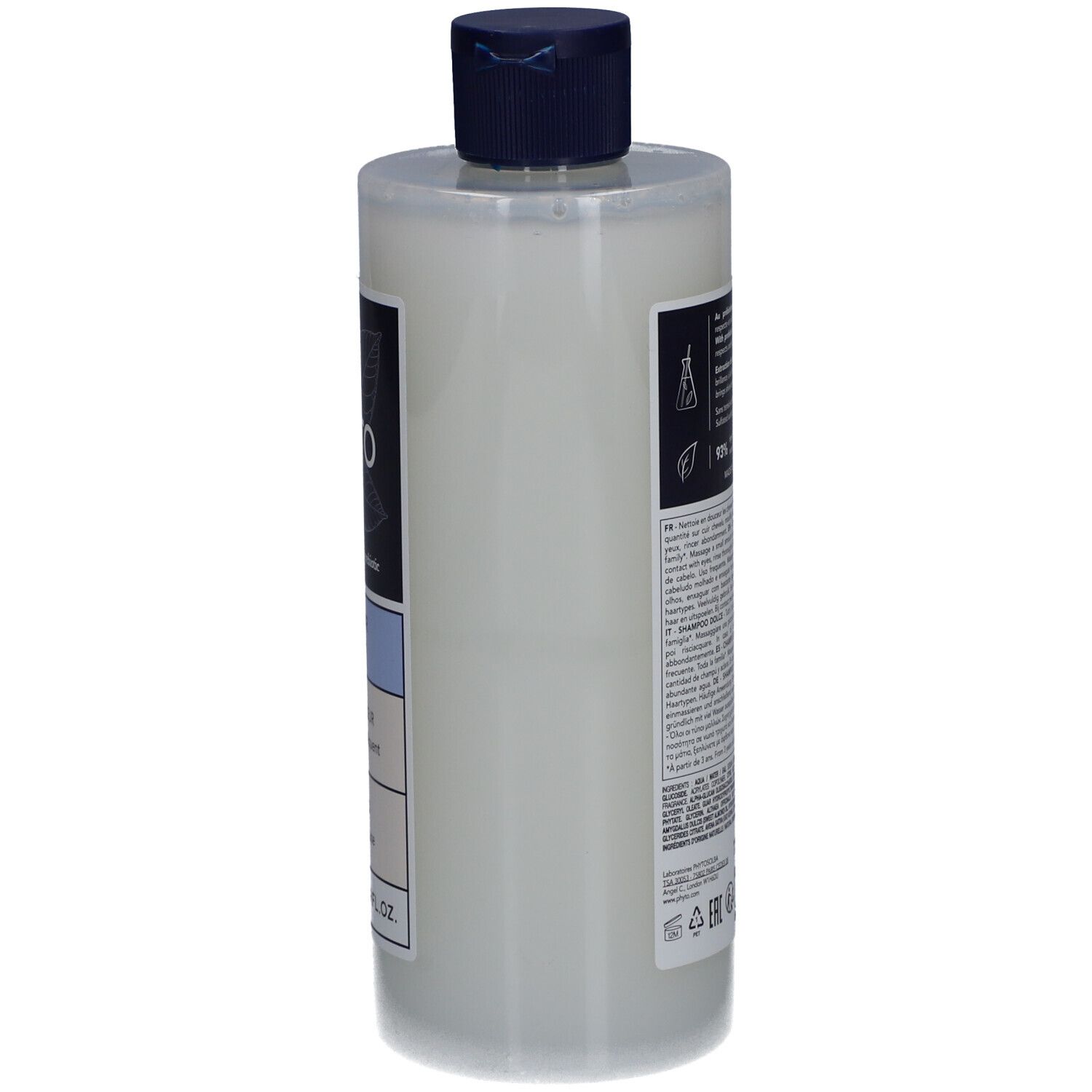 Une bouteille translucide avec un bouchon foncé contenant un liquide blanc. Des étiquettes avec du texte et des symboles sont visibles.