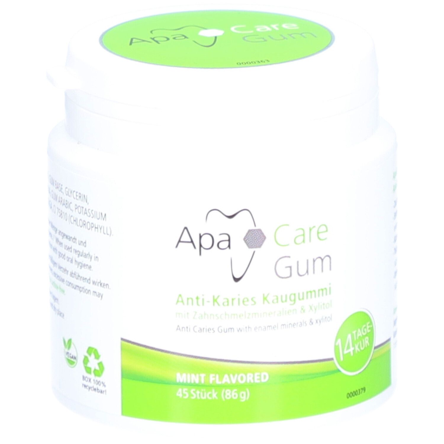Witte pot met groene deksel. Opschrift: ApaCare Gum Anti-Karies Kaugummi. 45 stuks, Mint Flavored.