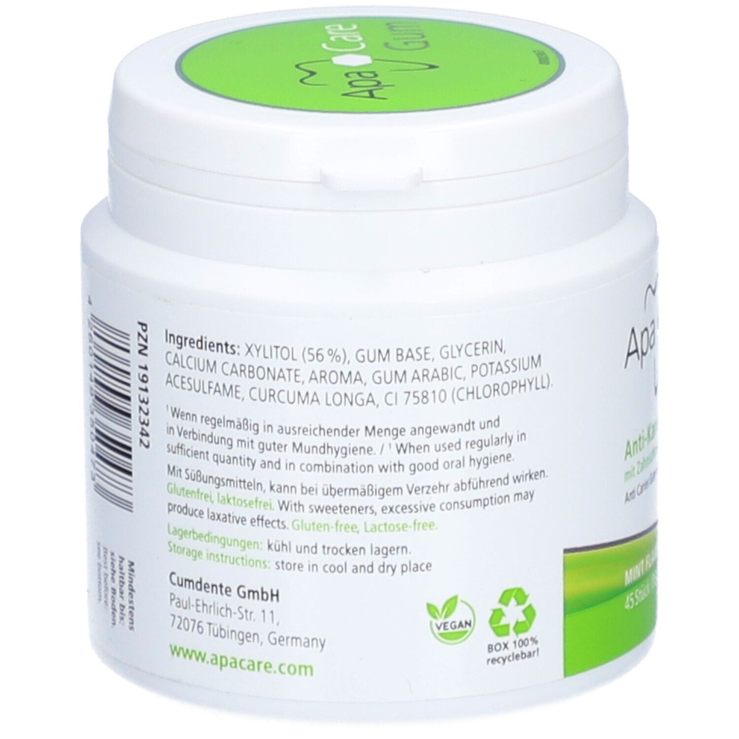 Achterkant witte pot. Ingrediëntenlijst, bewaaradvies, Vegan-keurmerk, doos 100% recyclebaar. Adres: Cumdente GmbH.