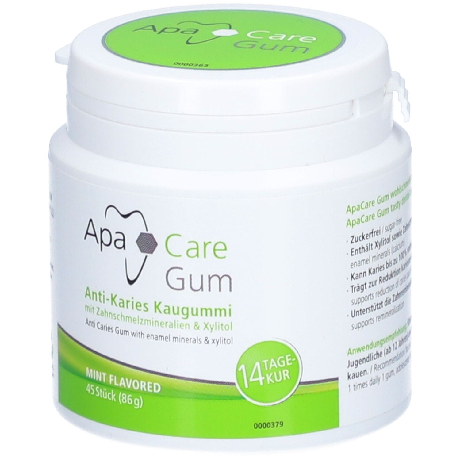 Witte pot met groene deksel. Opschrift: ApaCare Gum Anti-Karies Kaugummi. 45 stuks, Mint Flavored, 14 dagen kuur.