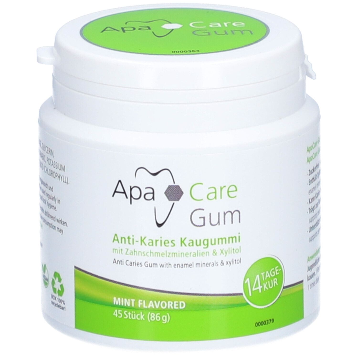 Witte pot met groene deksel. Opschrift: ApaCare Gum Anti-Karies Kaugummi. 45 stuks, Mint Flavored.