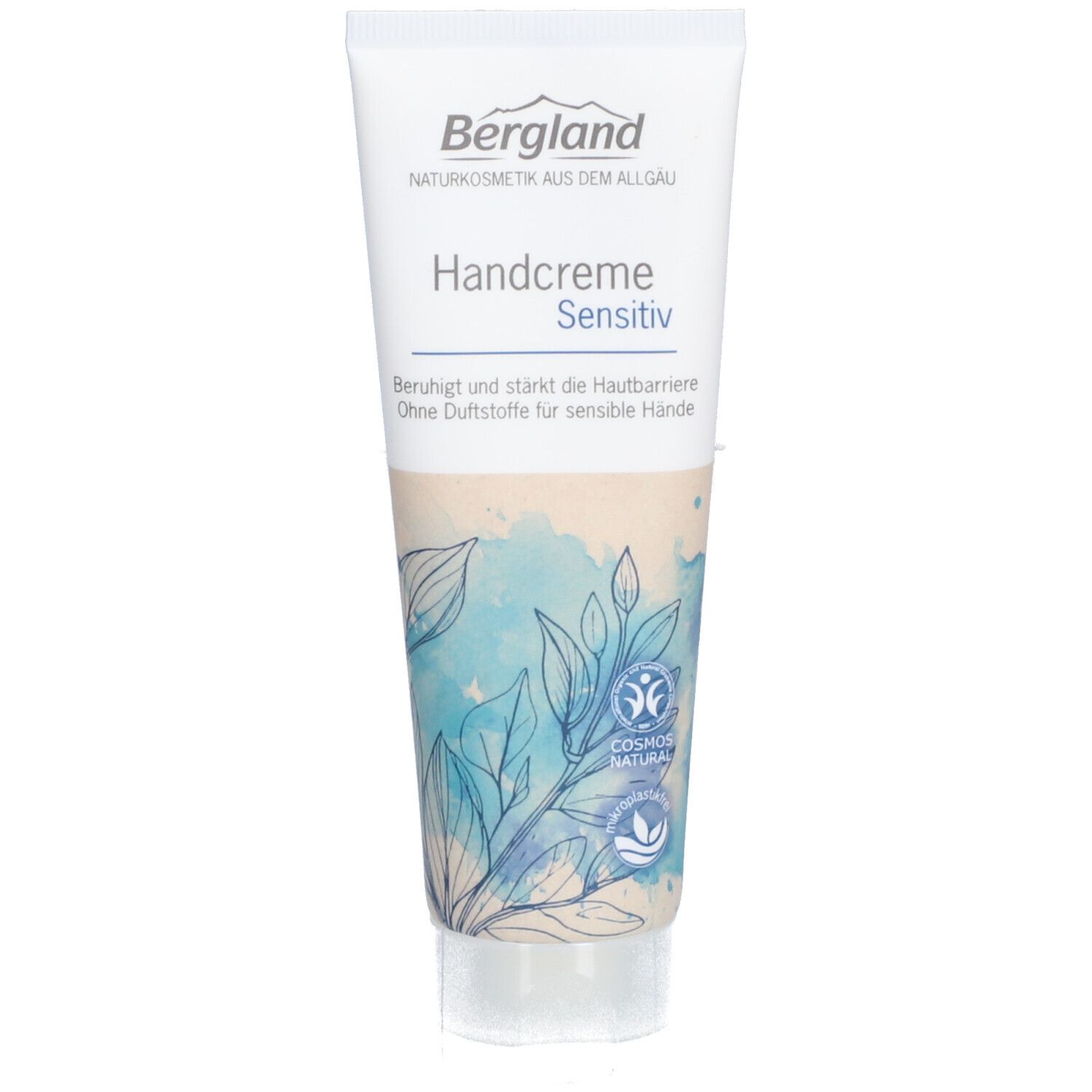 Tube de crème avec nom du produit et motif floral. Contient le label Cosmos Natural.