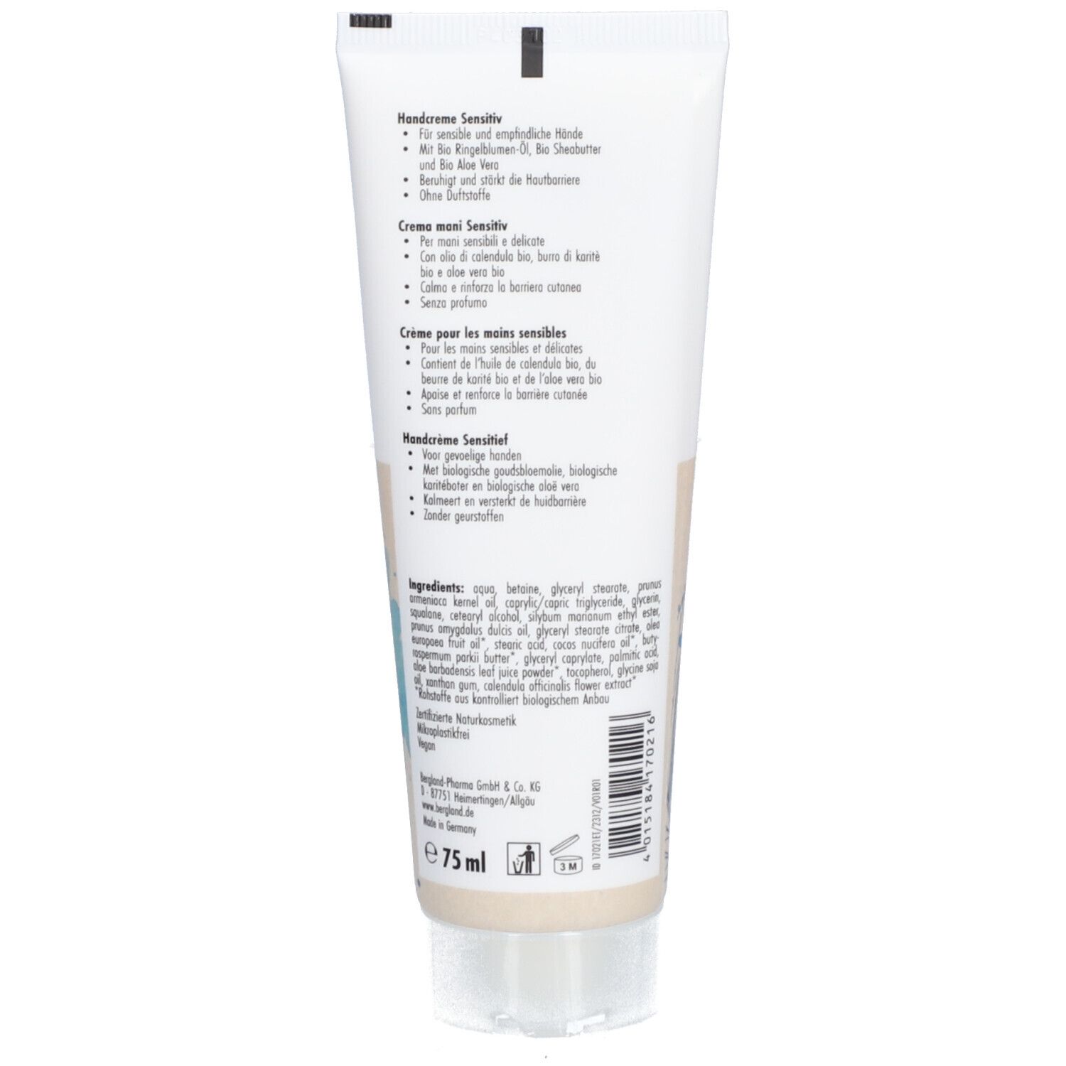 Dos du tube de crème avec informations sur le produit et ingrédients. Contient le volume.