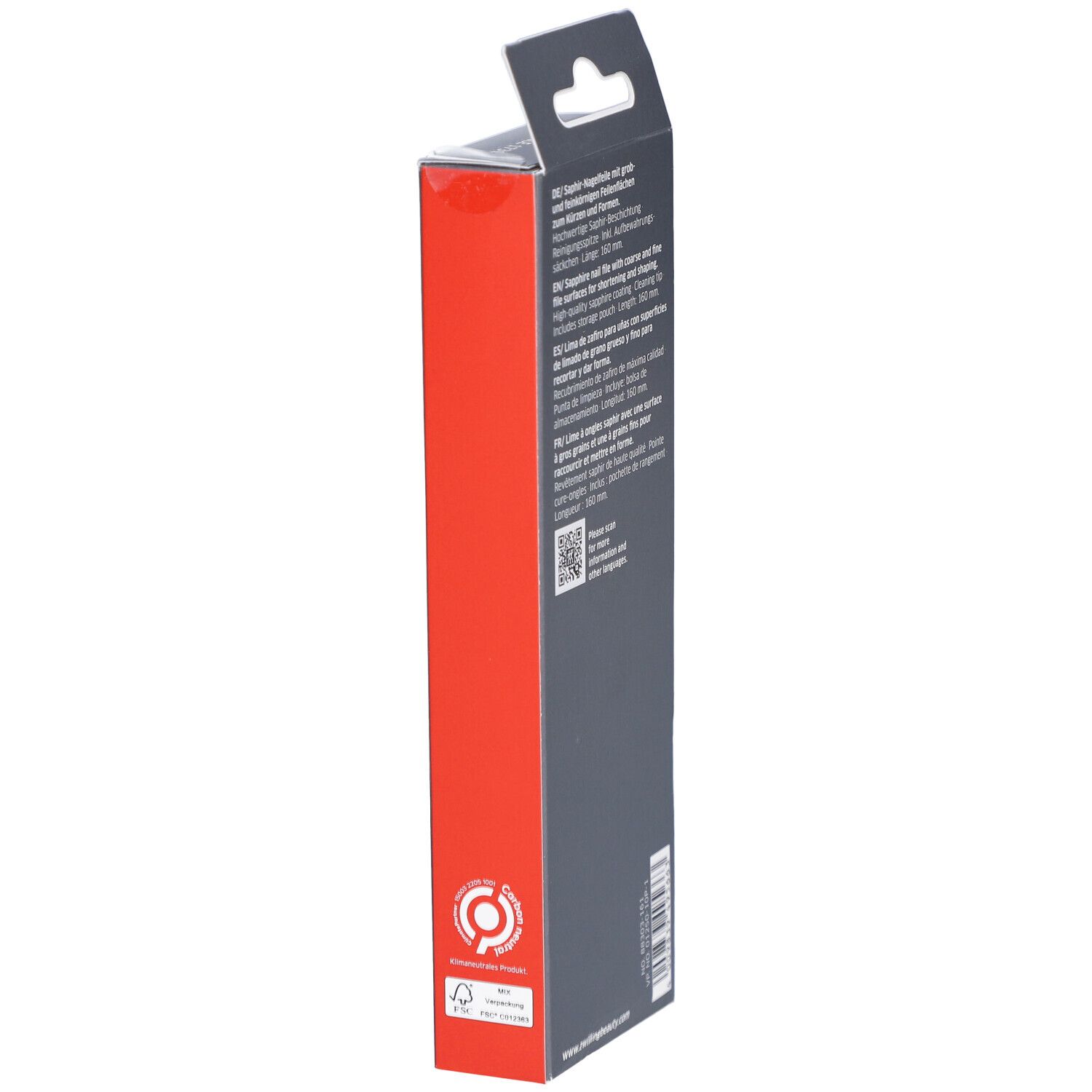 Vue latérale de l'emballage de la lime à ongles ZWILLING Saphir. Carton rouge et gris. Inscription : Logo ZWILLING. Certification FSC.