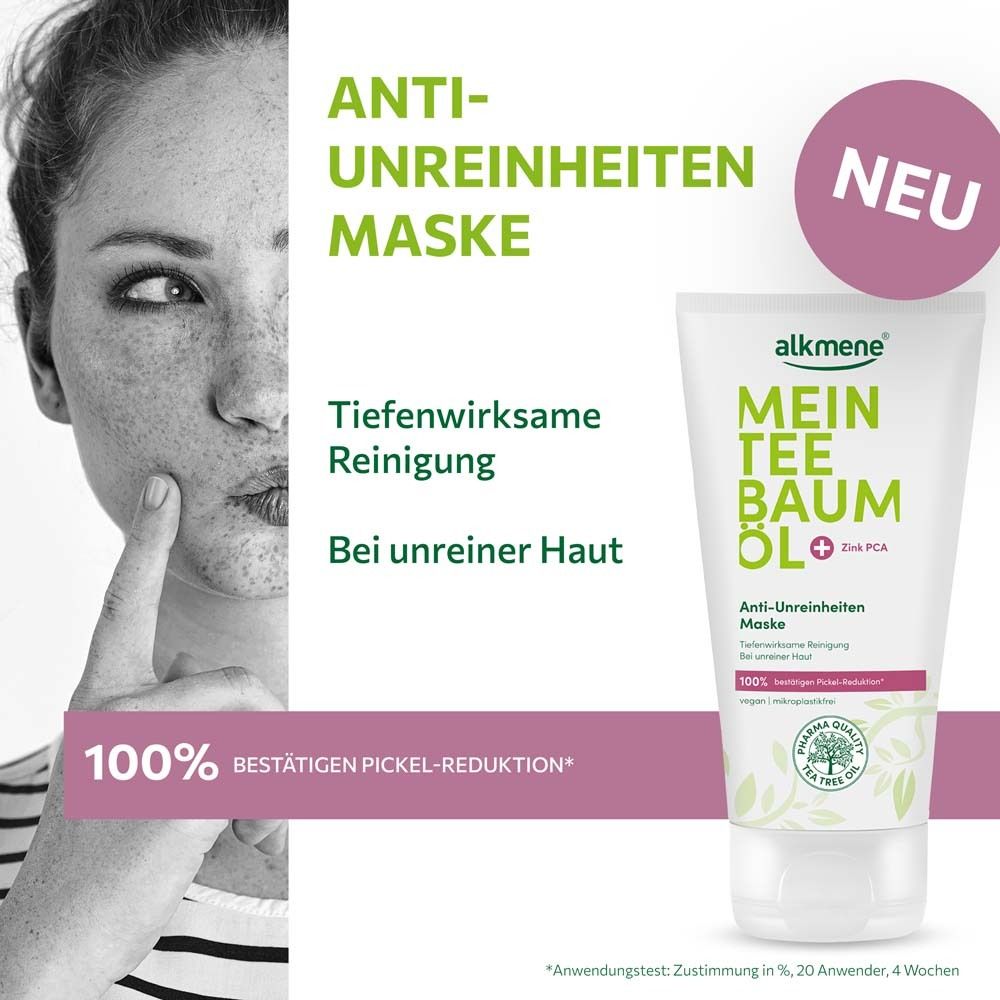 Femme avec boutons qui se touche le visage. À côté, tube avec texte : alkmene, Mein Teebaumöl, Anti-Unreinheiten Maske. Impression : 100% réduction des boutons.
