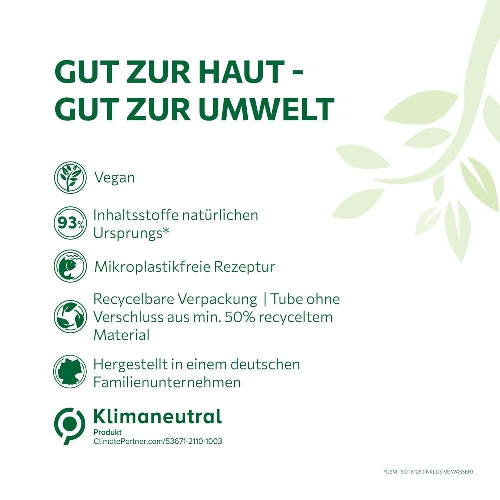 Texte : Bon pour la peau - Bon pour l'environnement. Vegan, 93% ingrédients d'origine naturelle, formule sans microplastiques, emballage recyclable, neutre en carbone.