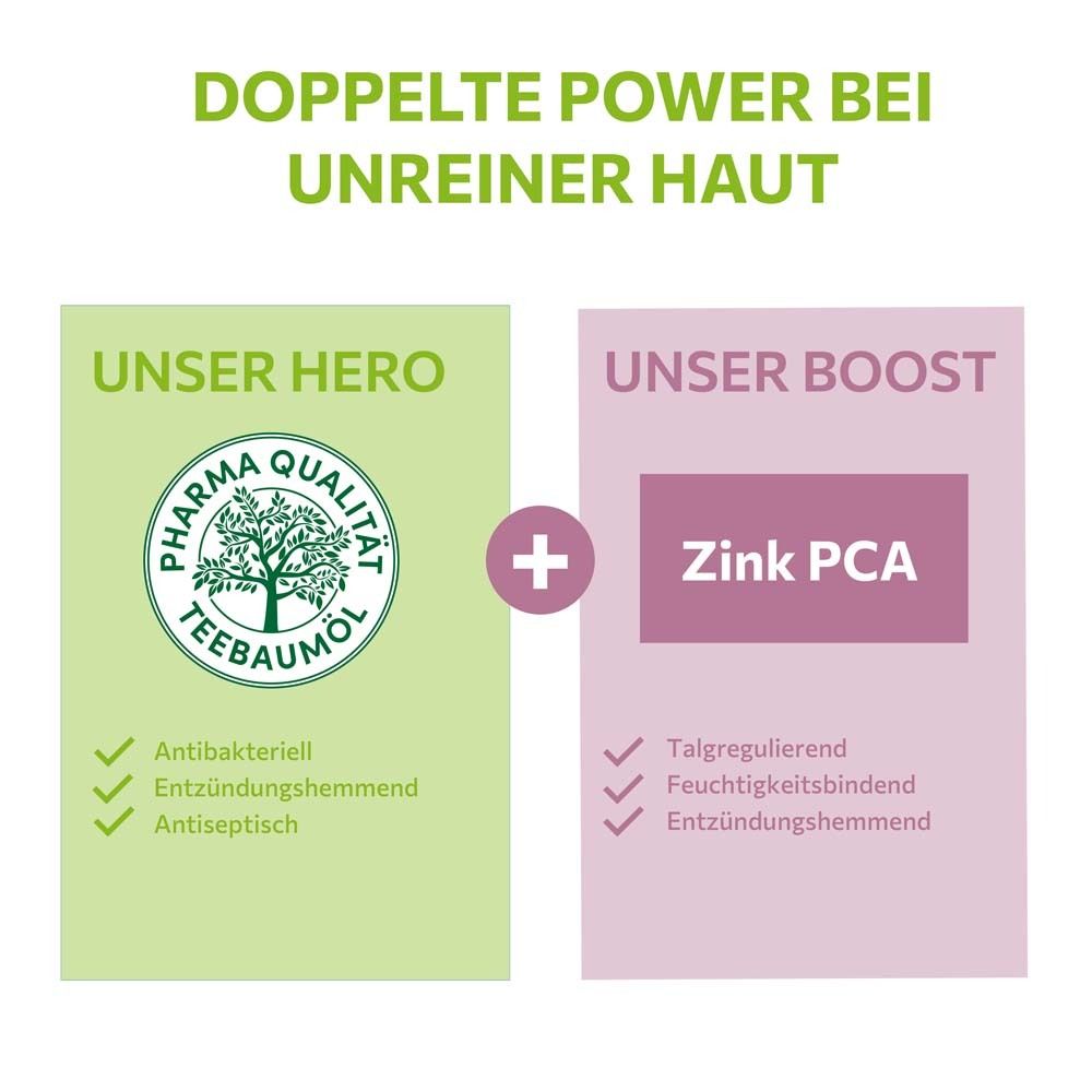Graphique: Unser Hero (huile d'arbre à thé) et Unser Boost (Zinc PCA). Texte: Antibactérien, Anti-inflammatoire, Antiseptique, séborégulateur.