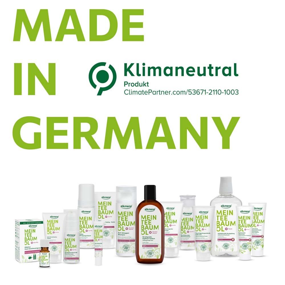 Fabriqué en Allemagne. Produit neutre en carbone. Différents produits de la marque Mein Teebaumöl. Logo neutre en carbone.