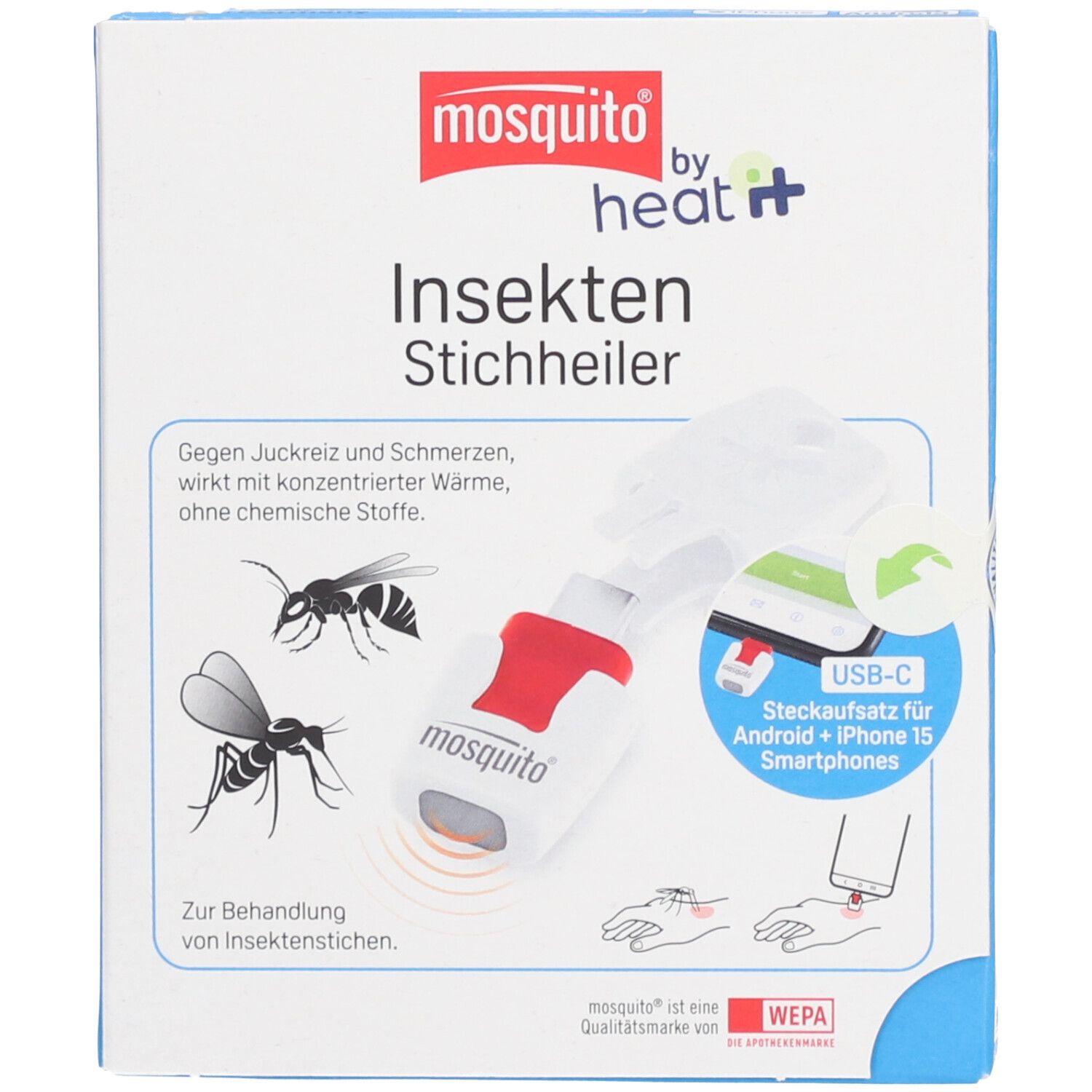 Verpakking van heat it® voor insectenbeten. Productnaam en logo. Illustraties van insecten. USB-C-adapter voor smartphones.