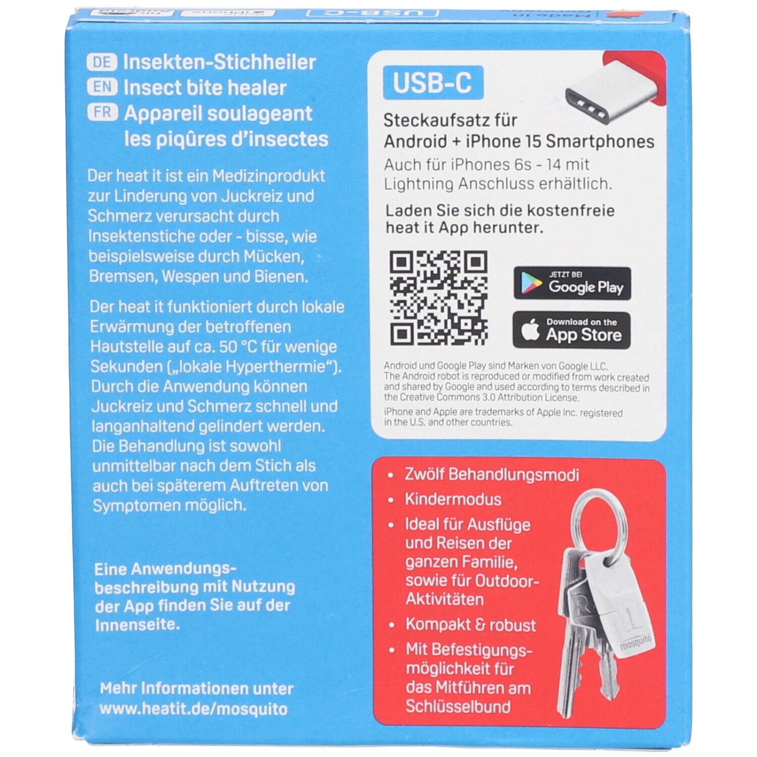 Achterkant van de verpakking. Tekst in het Duits, Engels en Frans. USB-C-adapter. QR-code voor app-download. Sleutelhanger.