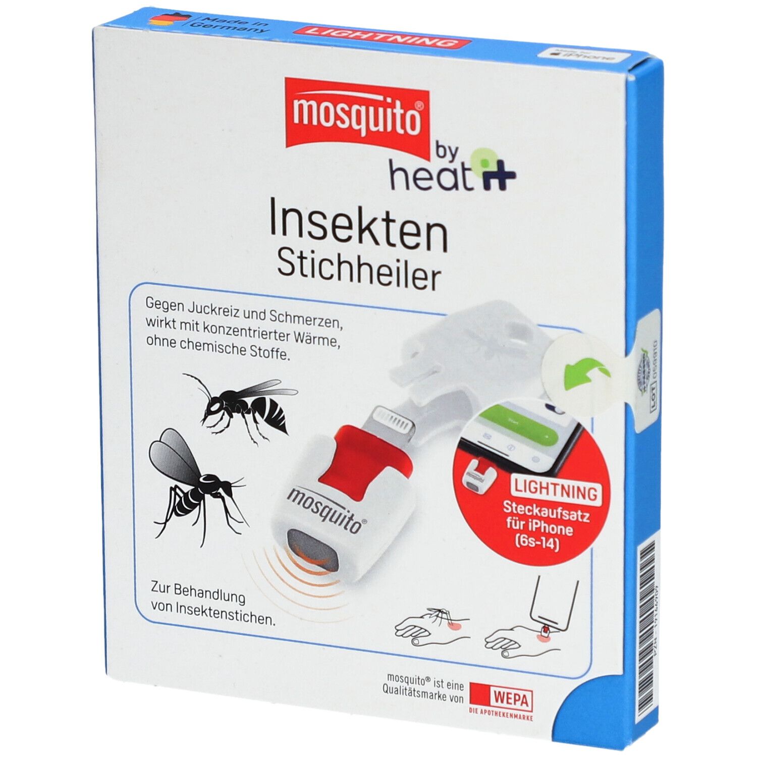 Verpakking van de insectenbeet-heler. Bevat de heler en Lightning-adapter. Tekst: mosquito by heat it, Insekten Stichheiler.