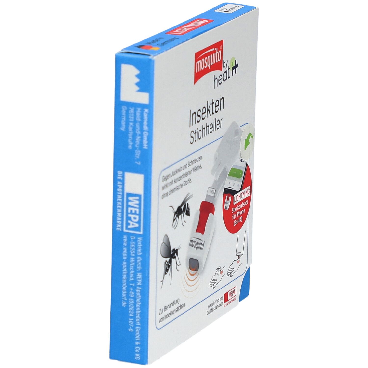 Zijaanzicht van de verpakking van de insectenbeet-heler. Toont het product en tekst: mosquito by heat it, Insekten Stichheiler.