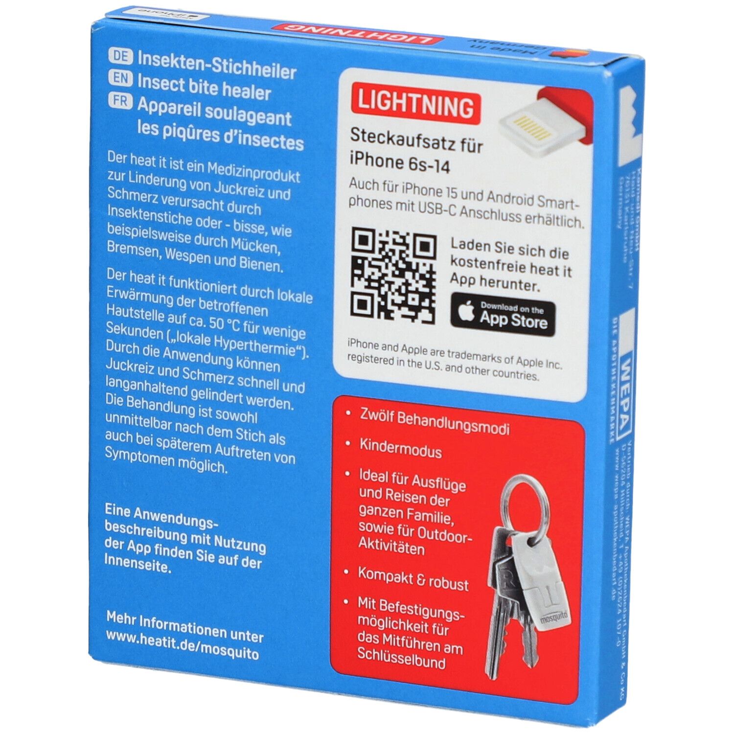 Achterkant van de verpakking van de insectenbeet-heler. Bevat informatie en QR-code. Tekst: Insekten-Stichheiler, Lightning Stecksatz.