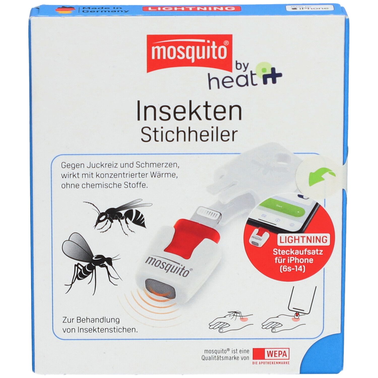 Vooraanzicht van de verpakking van de insectenbeet-heler. Toont het product en tekst: mosquito by heat it, Insekten Stichheiler.