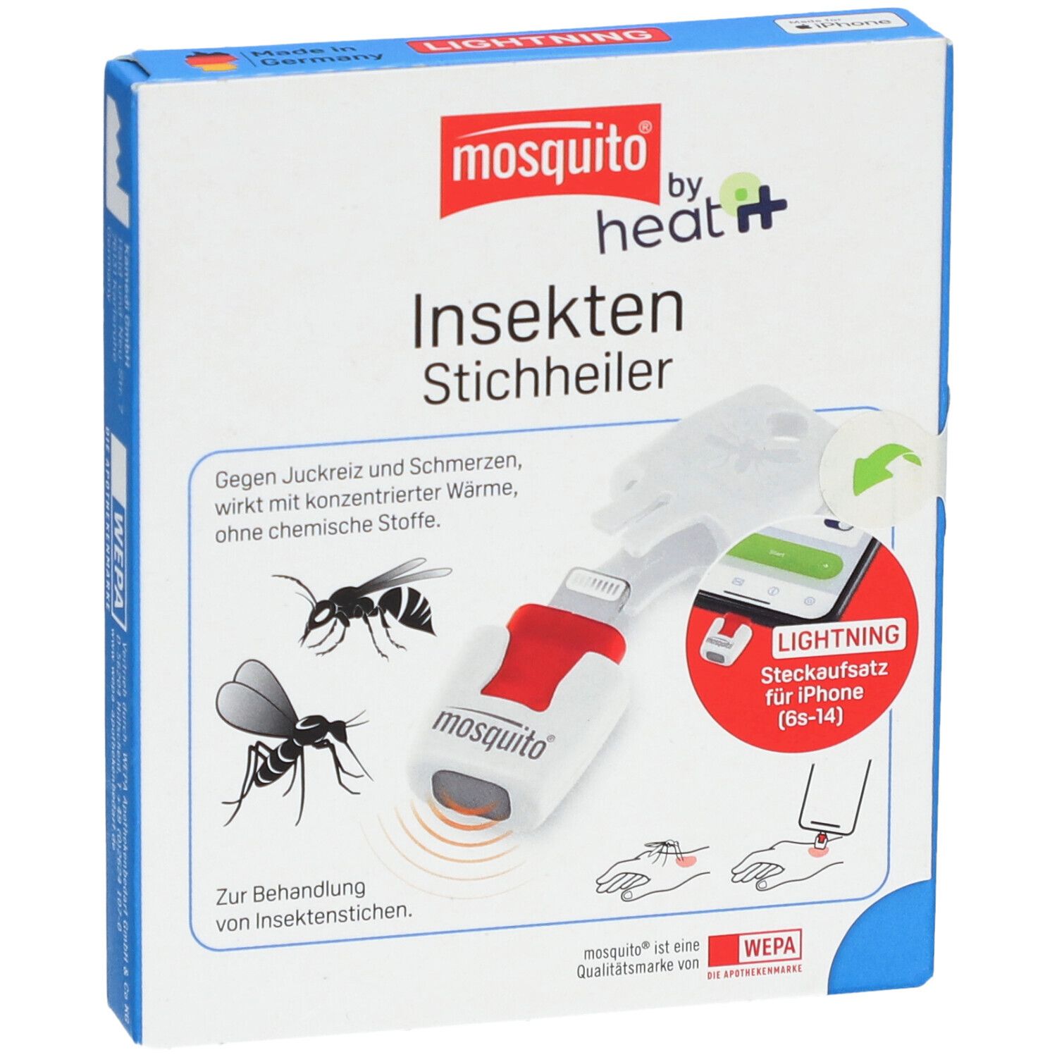 Vooraanzicht van de verpakking van de insectenbeet-heler. Toont het product en tekst: mosquito by heat it, Insekten Stichheiler.