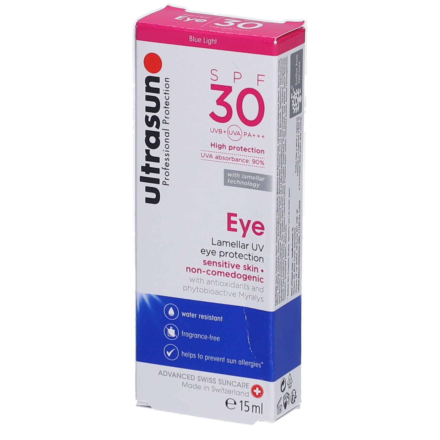 Boîte avec informations produit. Inscription: Ultrasun, SPF 30, Eye, protection UV, résistant à l'eau, sans parfum, 15ml.