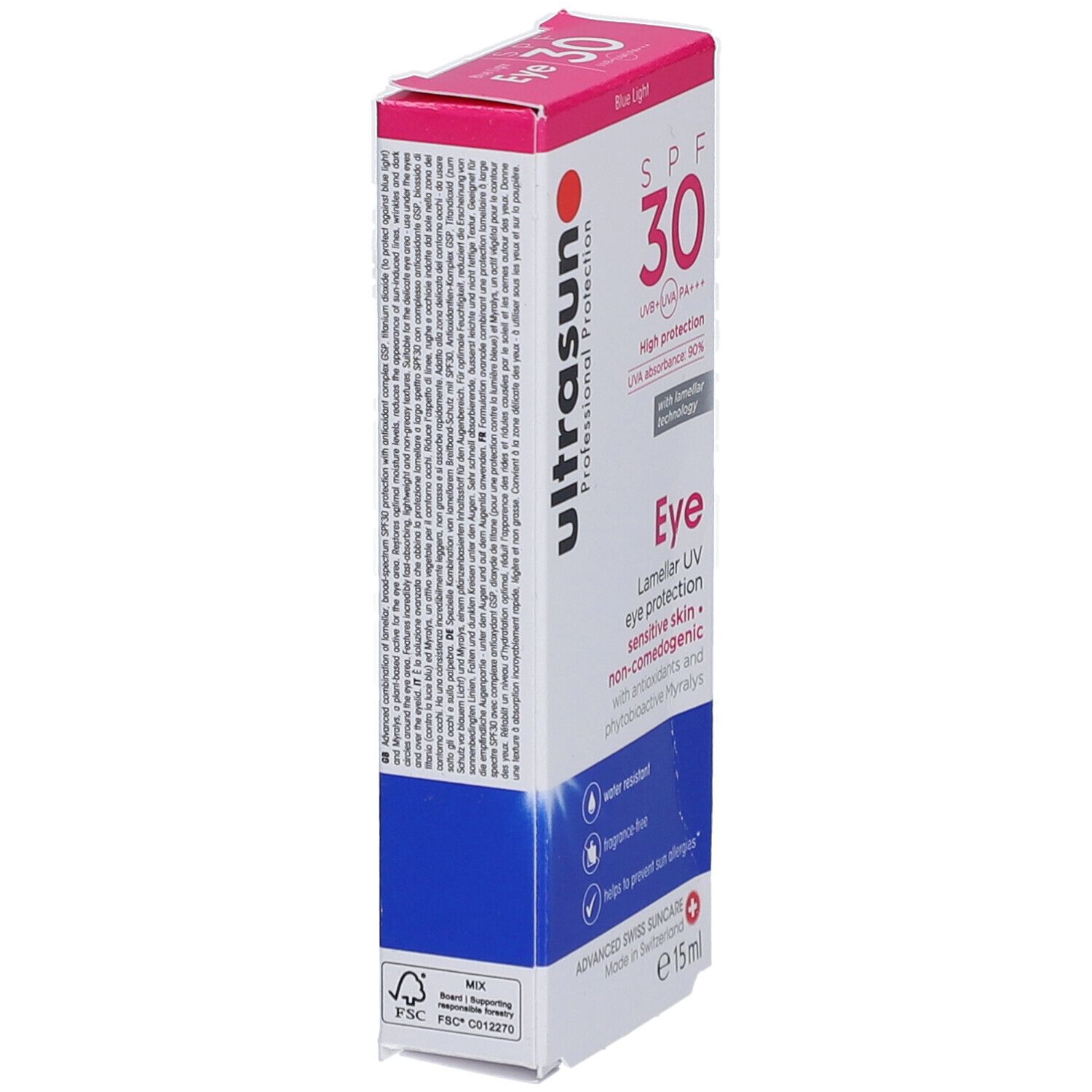 Emballage produit étroit. Inscription: Ultrasun, SPF 30, Eye. Texte et logos sur fond blanc, accents bleus et rouges.