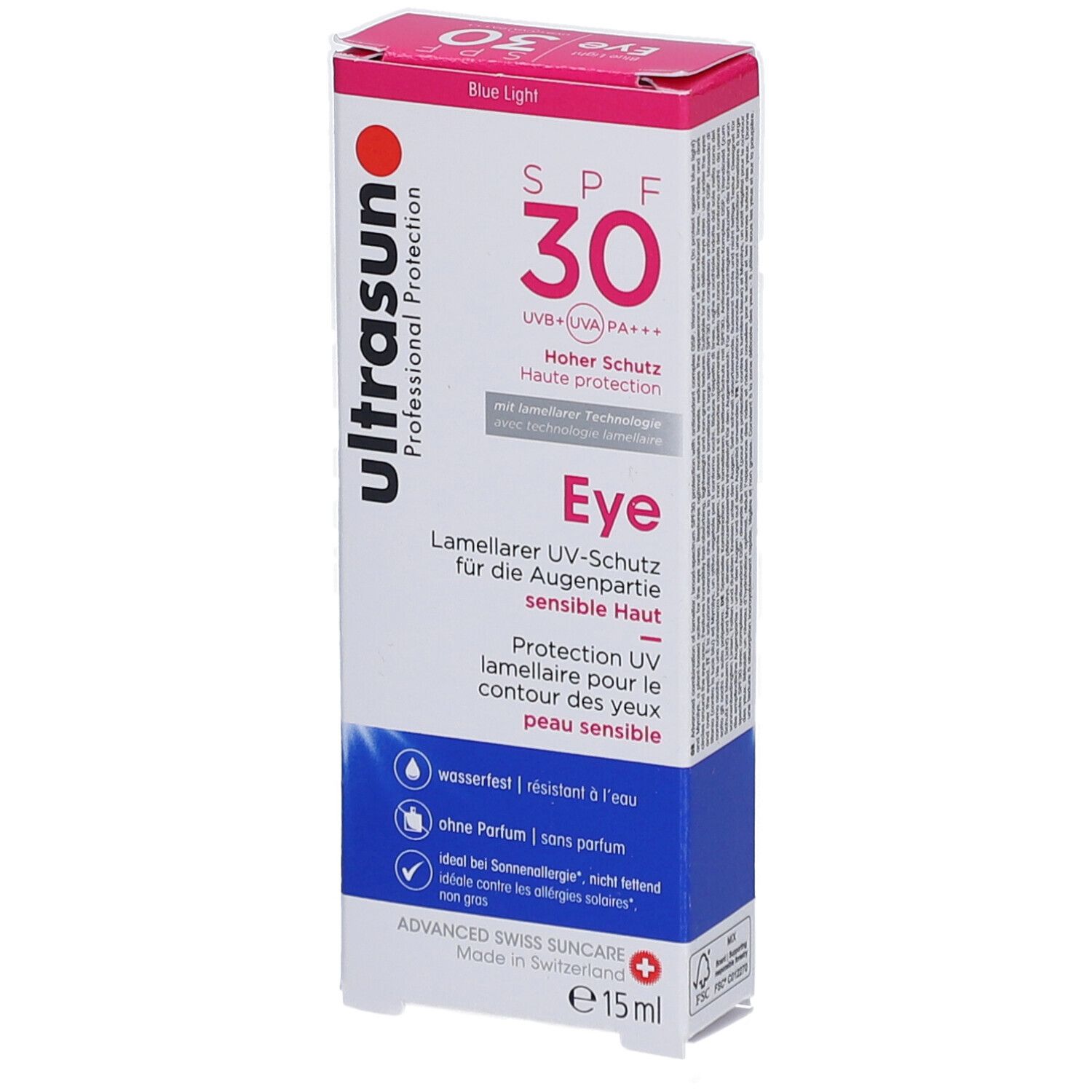 Emballage produit avec texte. Inscription: Ultrasun, SPF 30, Eye, protection UV, pour peau sensible. Accents bleus et rouges.