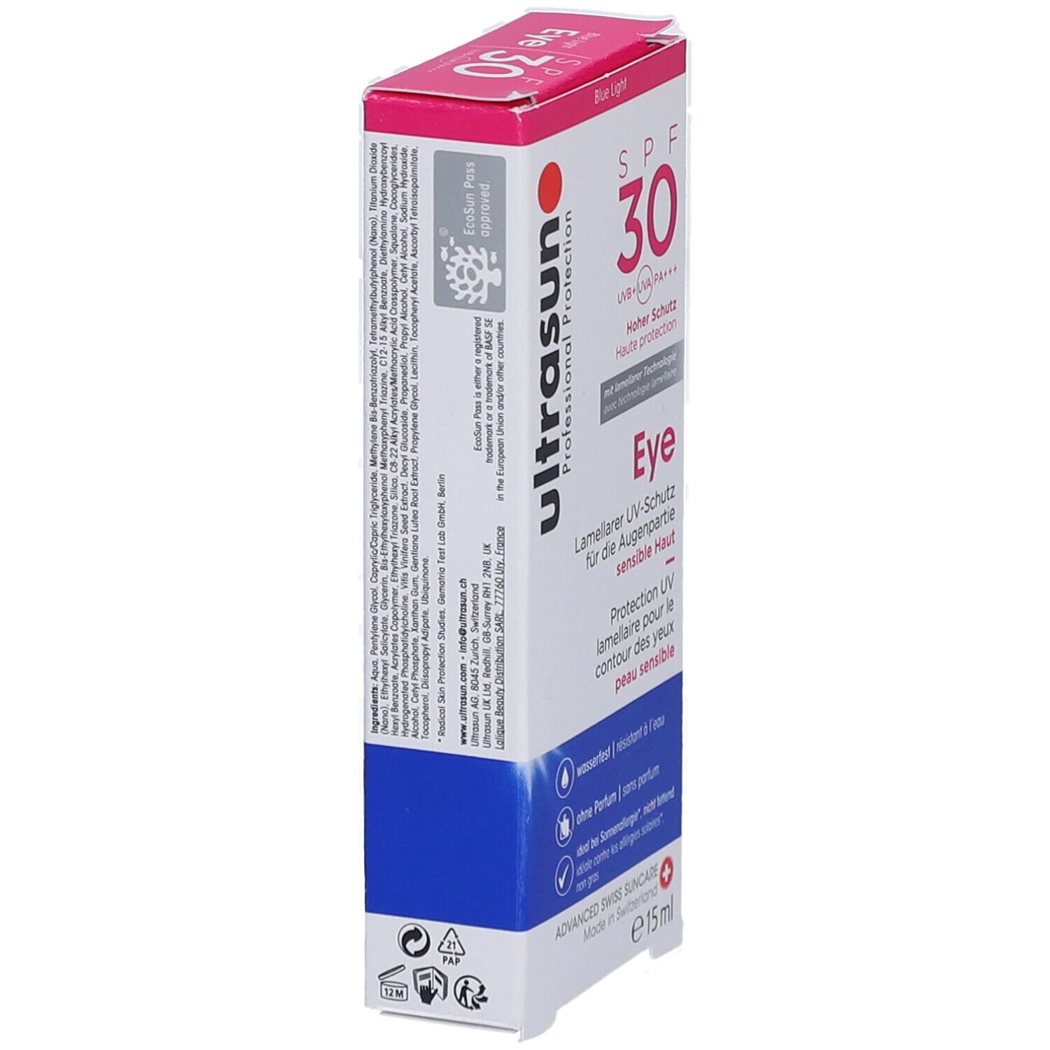 Emballage produit, en biais. Inscription: Ultrasun, SPF 30, Eye, protection UV. Logos et texte sur fond blanc, accents bleus et rouges.