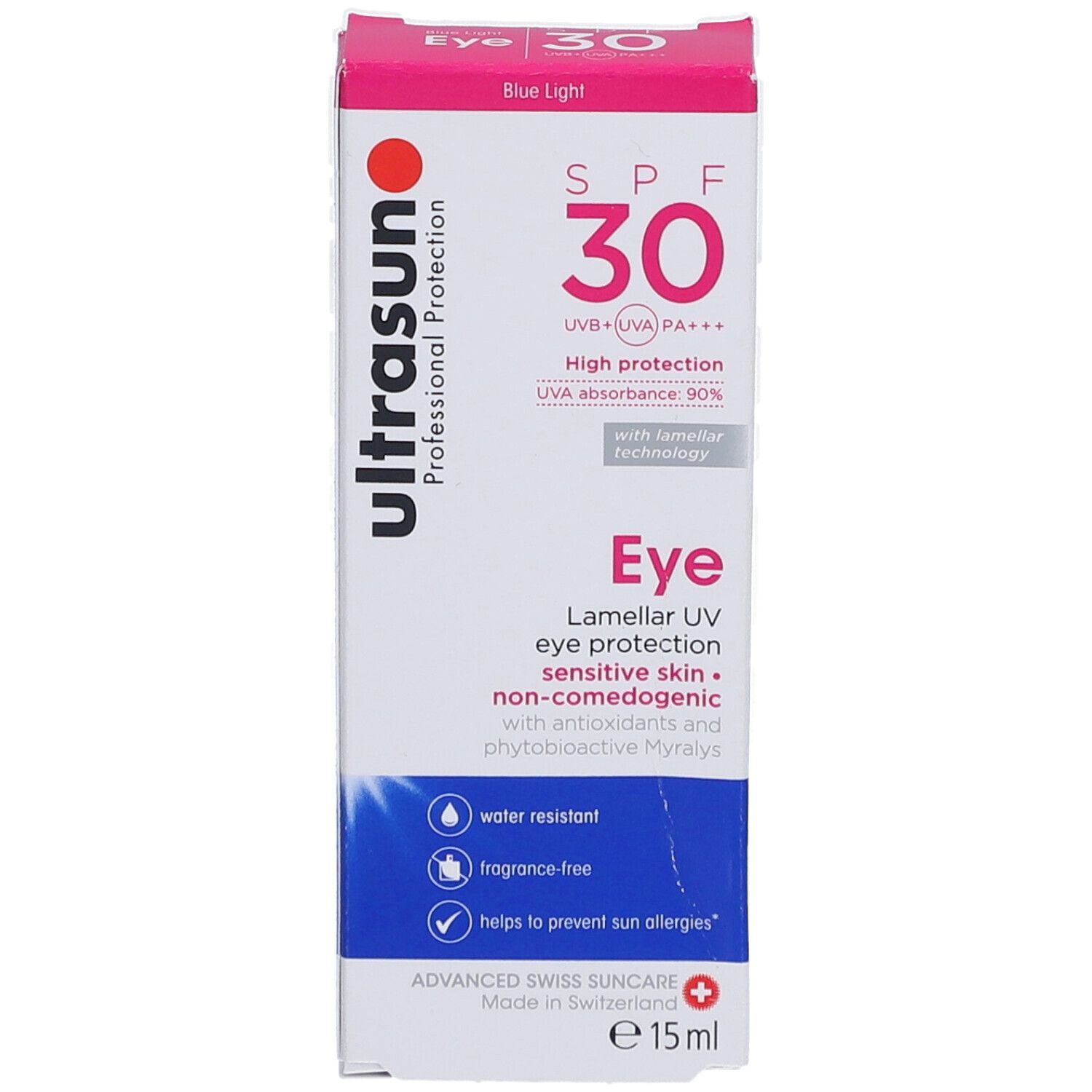 Emballage produit. Inscription: Ultrasun, SPF 30, Eye, protection UV, résistant à l'eau, sans parfum. Accents bleus et rouges.