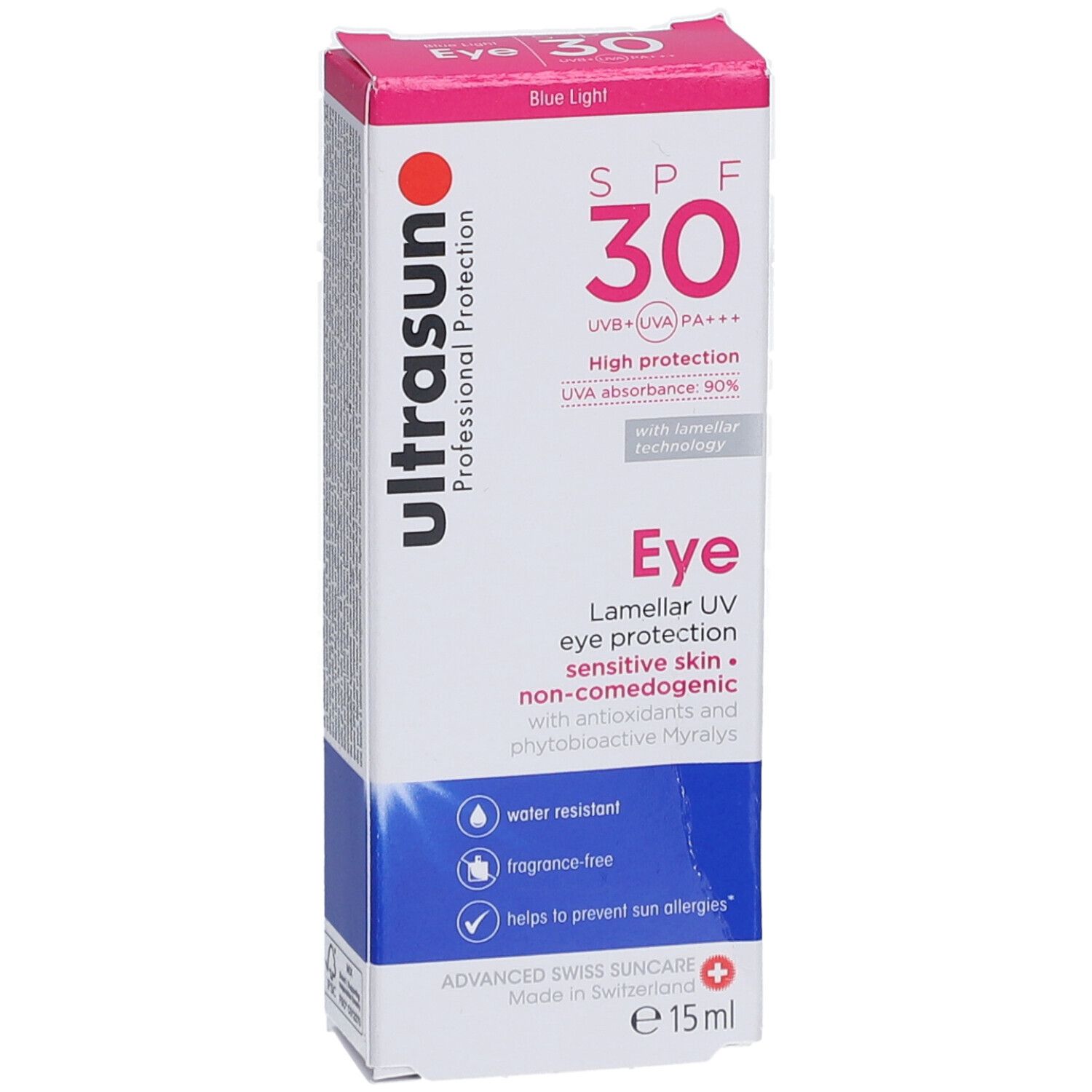 Emballage produit. Inscription: Ultrasun, SPF 30, Eye, protection UV, résistant à l'eau, sans parfum. Accents bleus et rouges.