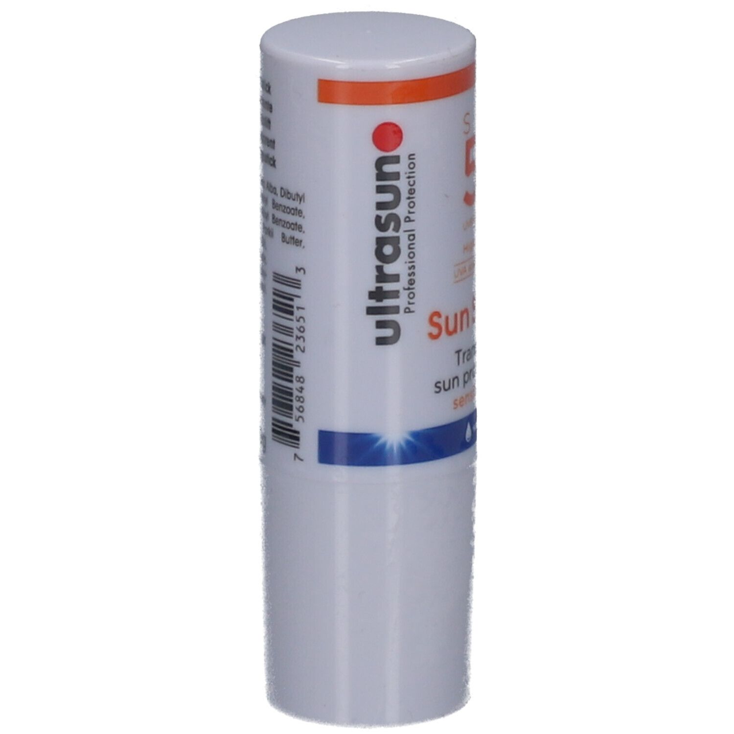 Witte zonnebrandstick met oranje dop. Tekst: Ultrasun, Professional Protection, Sun Stick, transparante zonnebrandcrème.