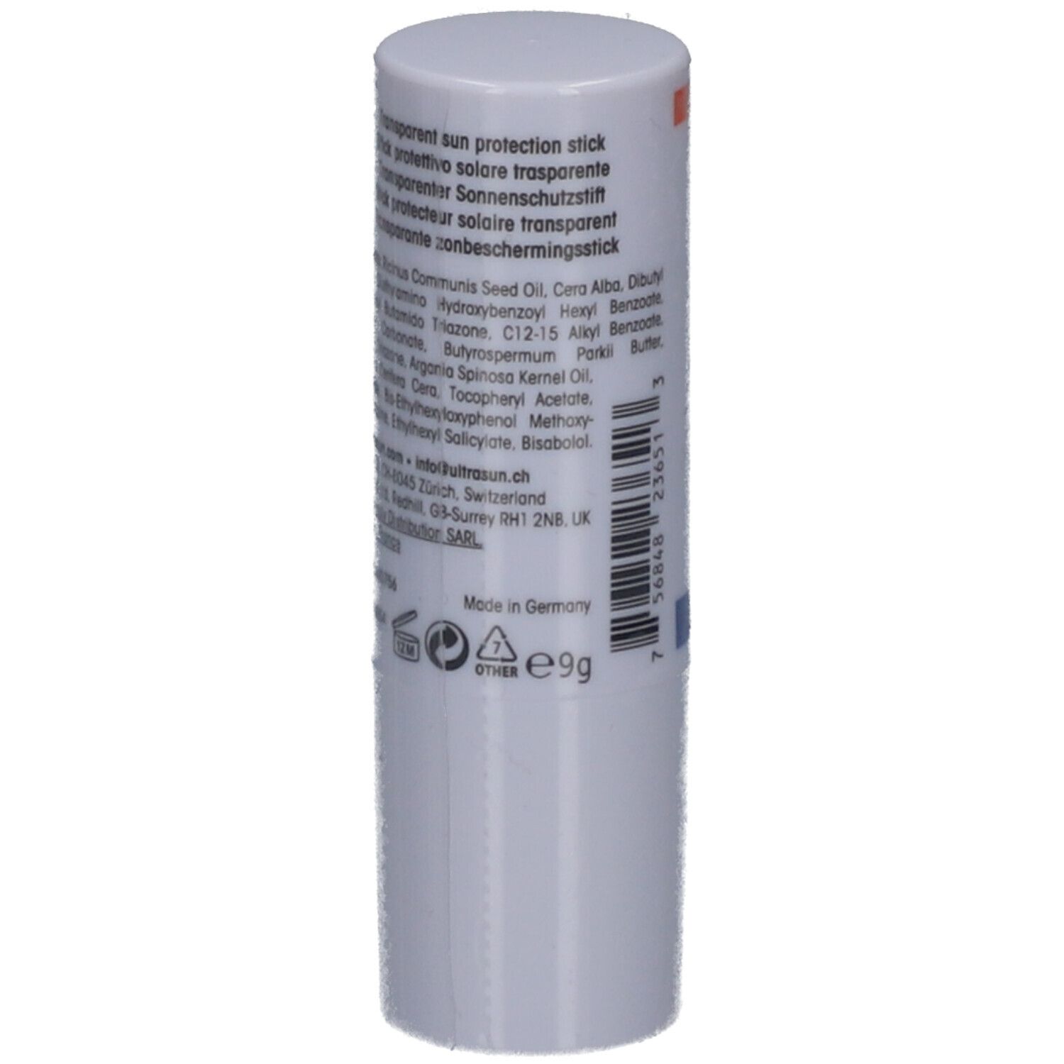 Witte zonnebrandstick met teksten en logo's. Bevat ingrediënten, fabrikantinfo en een recycling symbool. Made in Germany.