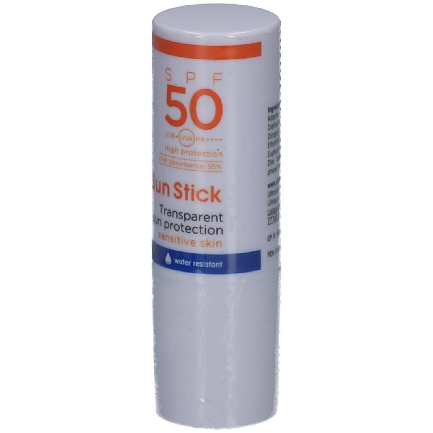 Witte zonnebrandstick met oranje dop. Tekst: SPF 50, Sun Stick, transparante zonbescherming voor gevoelige huid. Waterbestendig.