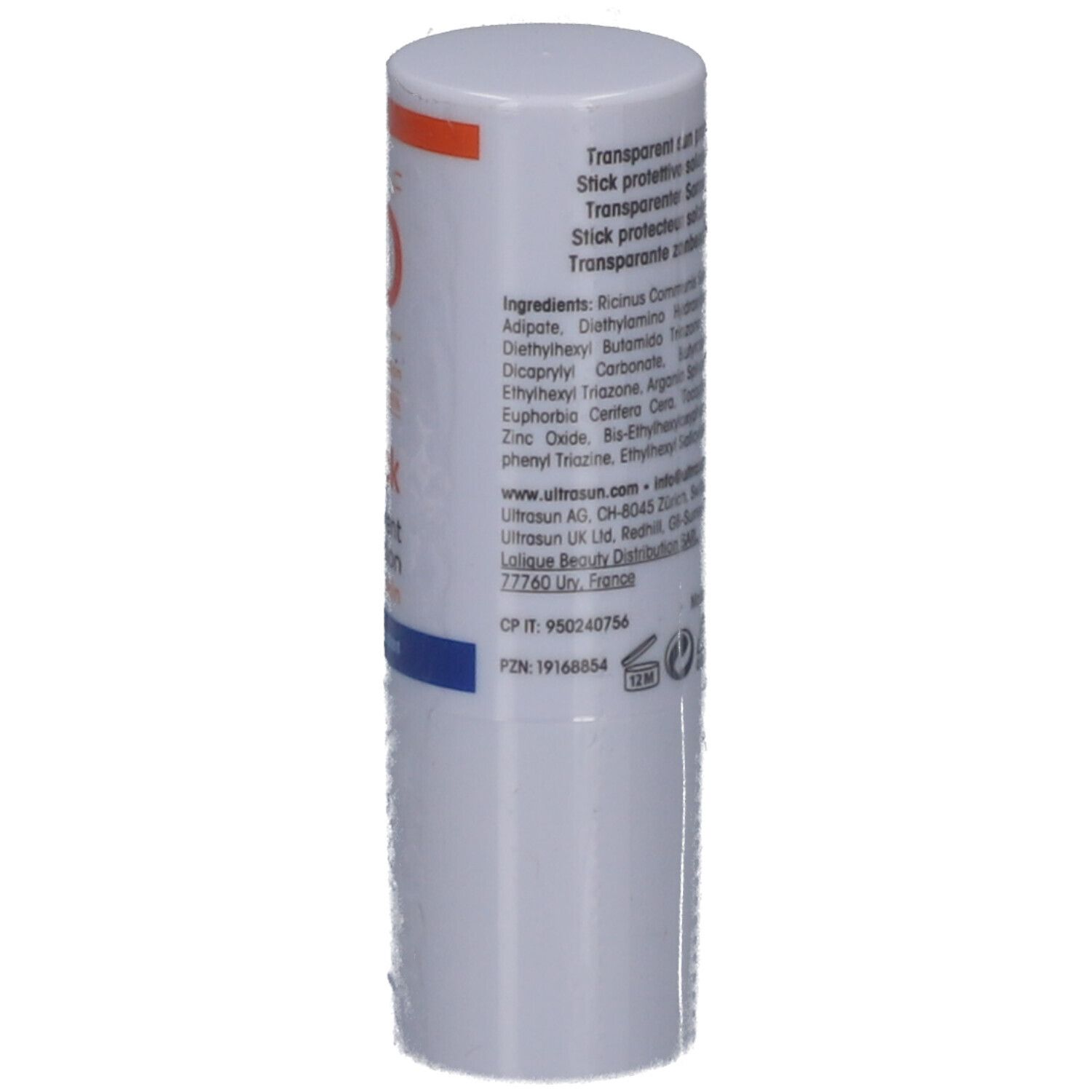 Witte zonnebrandstick met teksten en logo's. Bevat ingrediënten, fabrikantinfo en PZN-nummer. Made in France.