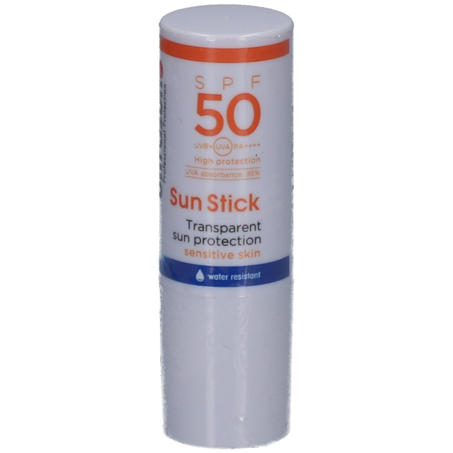 Witte zonnebrandstick met oranje dop. Tekst: SPF 50, Sun Stick, transparante zonbescherming voor gevoelige huid. Waterbestendig.