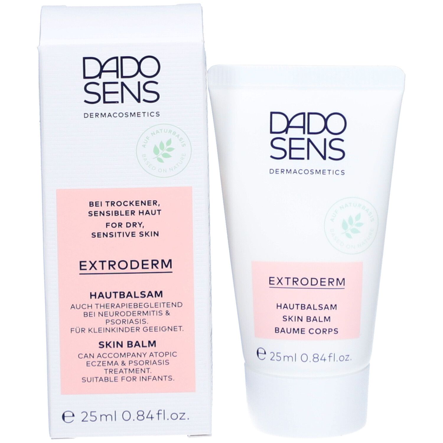 Productverpakking met tube en doos. DADO SENS, EXTRODERM, Huidbalsem. 25ml. Voor droge, gevoelige huid.