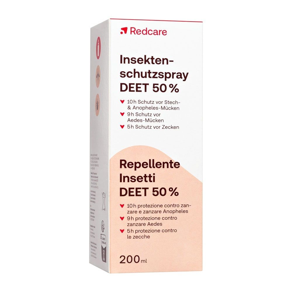 Redcare Insectenspray DEET 50% doos met productinformatie.