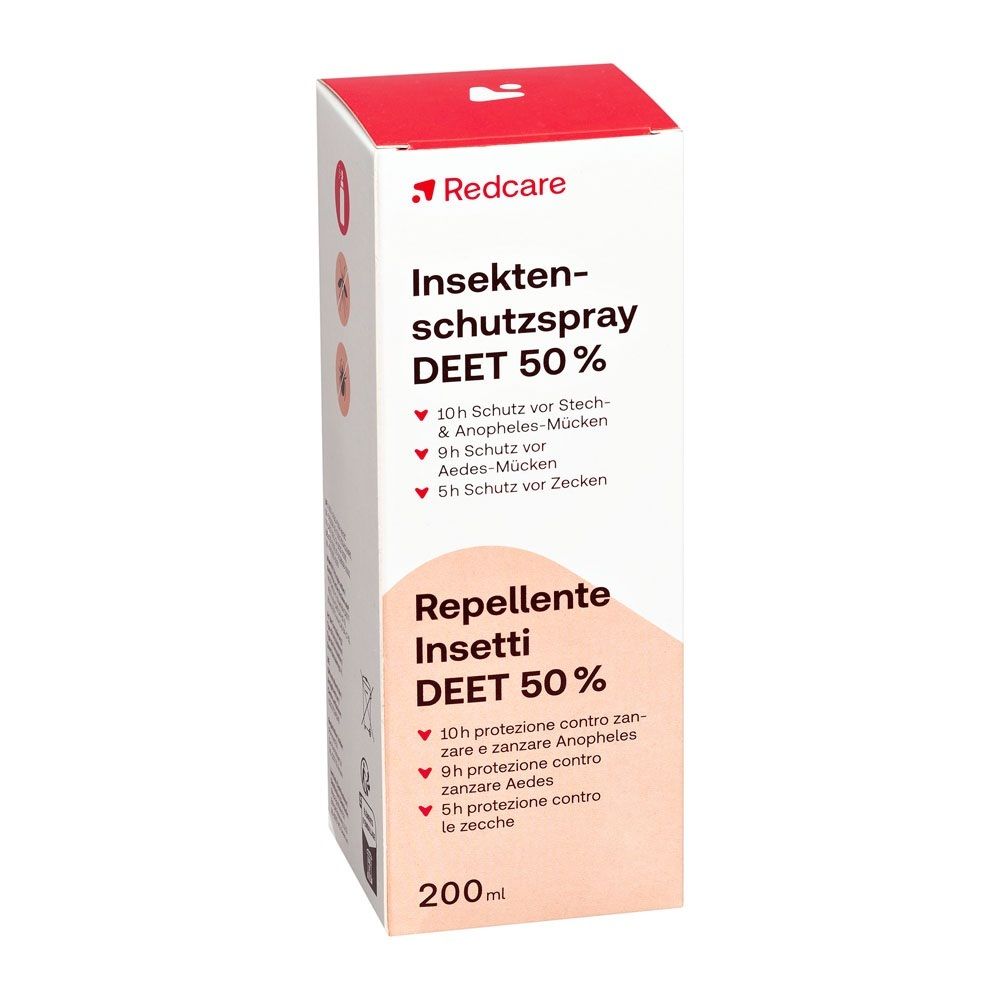 Redcare Insectenspray DEET 50% doos, voorkant.