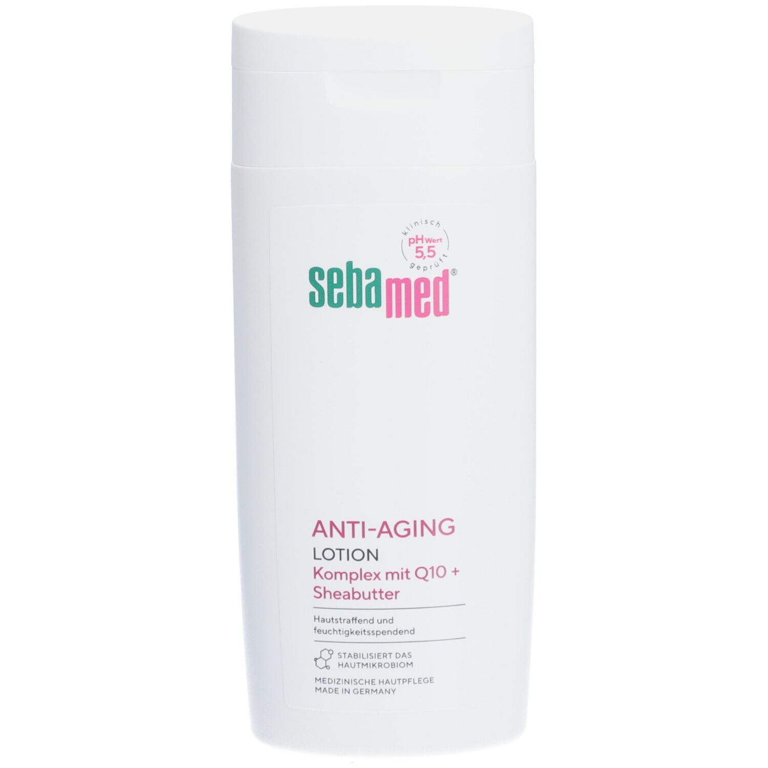 Flacon blanc "sebamed ANTI-AGING LOTION". Texte: Komplex mit Q10 + Sheabutter. pH 5,5.