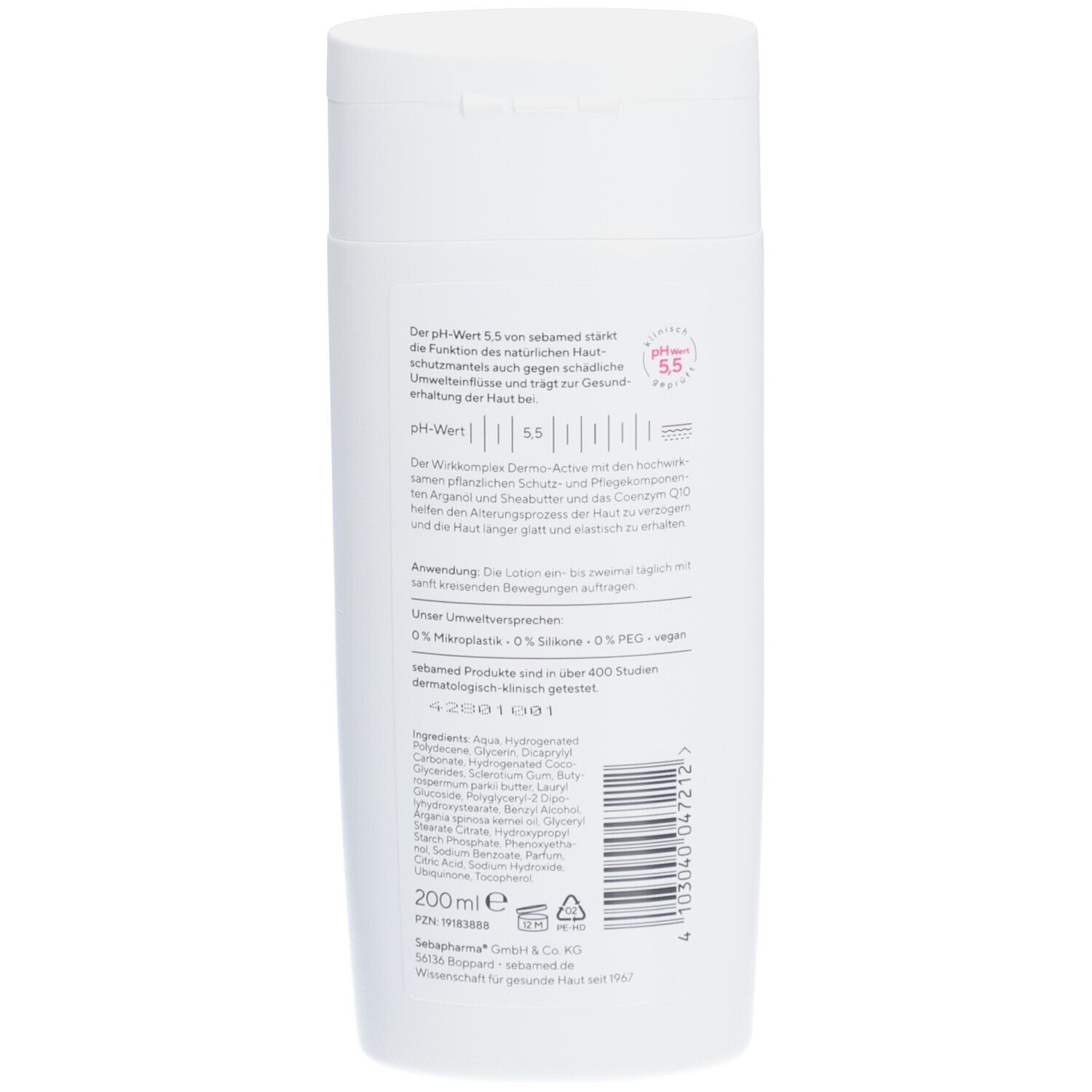Dos du flacon blanc. Texte: pH 5,5. Ingrédients, 200ml. Fabriqué en Allemagne.
