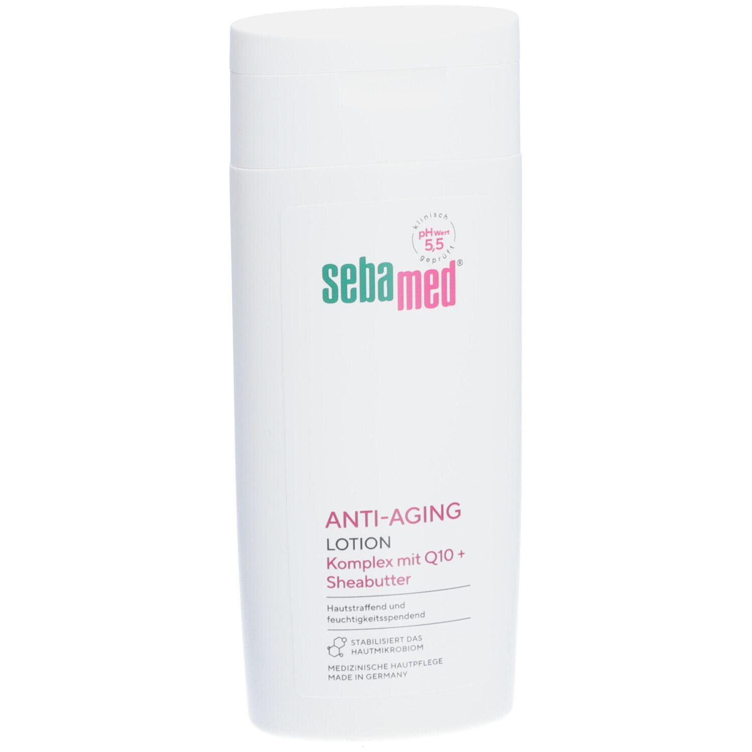 Flacon blanc "sebamed ANTI-AGING LOTION". Texte: Komplex mit Q10 + Sheabutter. pH 5,5.