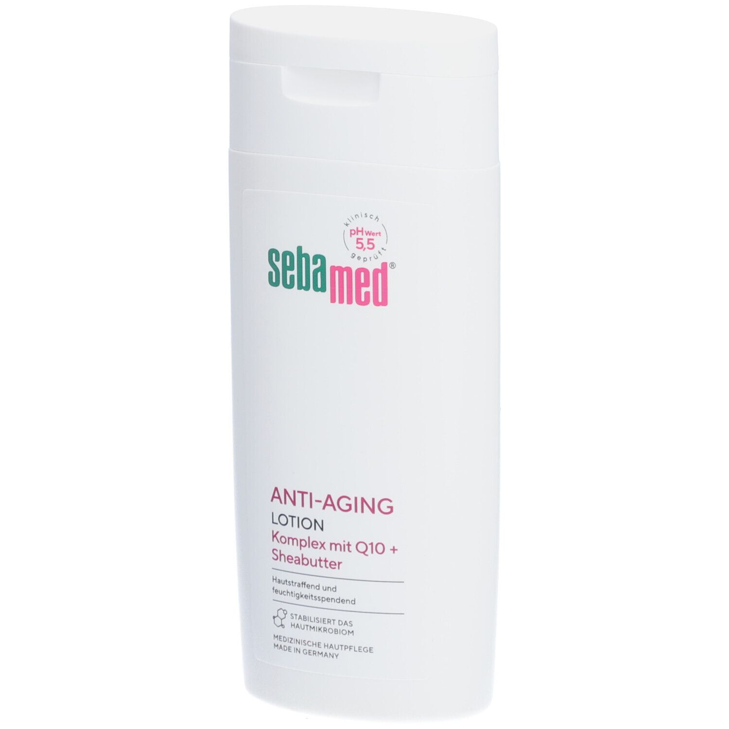 Flacon blanc "sebamed ANTI-AGING LOTION". Texte: Komplex mit Q10 + Sheabutter. pH 5,5.