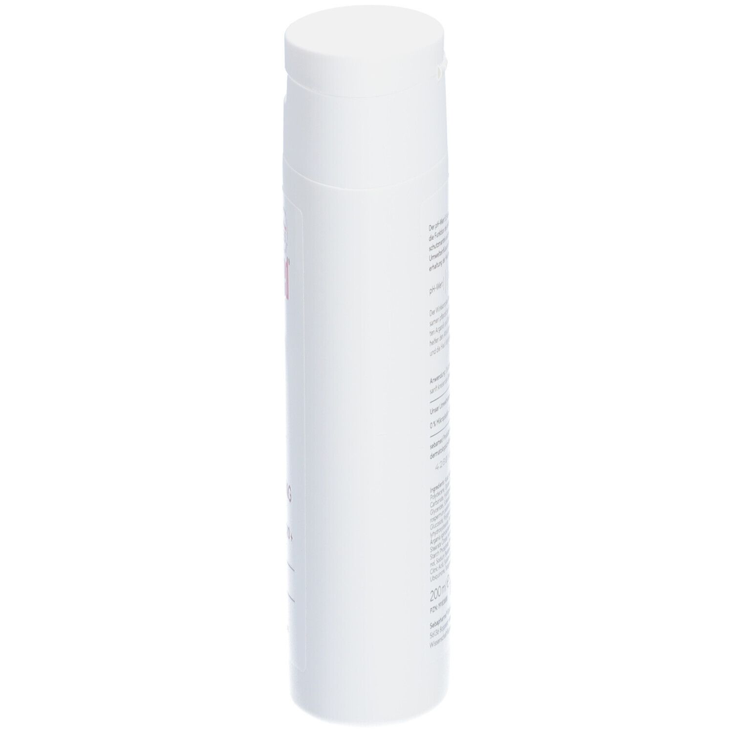 Flacon blanc, vue latérale. Texte sur le flacon. 200ml.