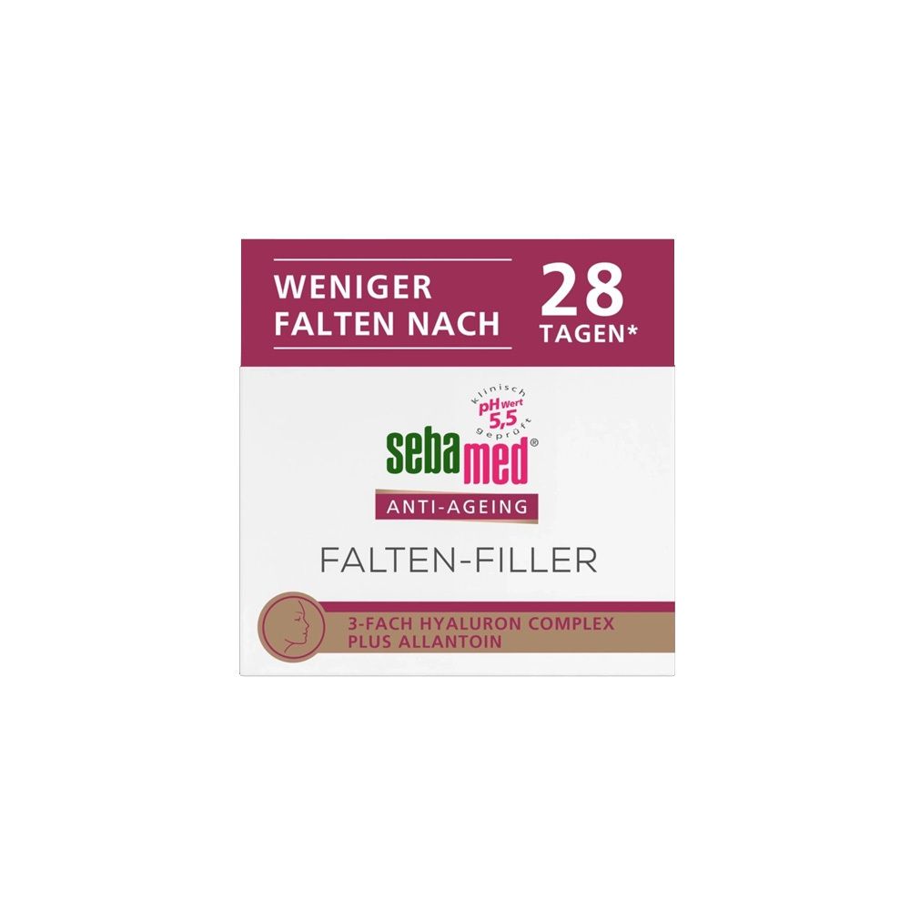 Sebamed Anti-Aging Rimpel-Filler verpakking met tekst "Minder rimpels in 28 dagen".