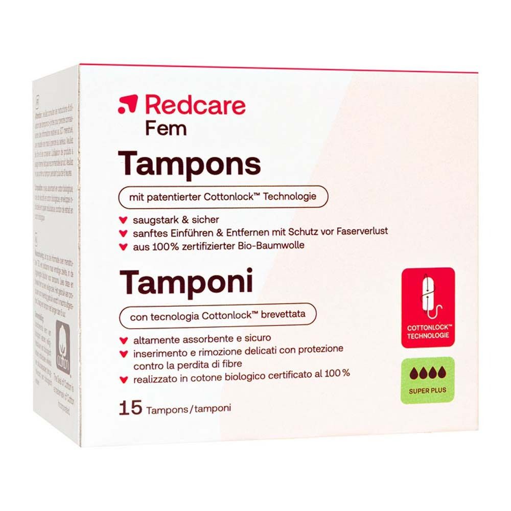 Verpakking Redcare Fem tampons. 15 stuks, Super Plus. Met Cottonlock technologie.