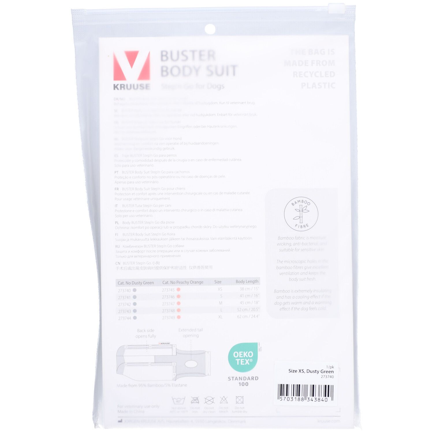 Achterkant van de verpakking van de BUSTER Body Suit. Tekst en diagrammen. Logo en tekst. Maat XS, Dusty Green.