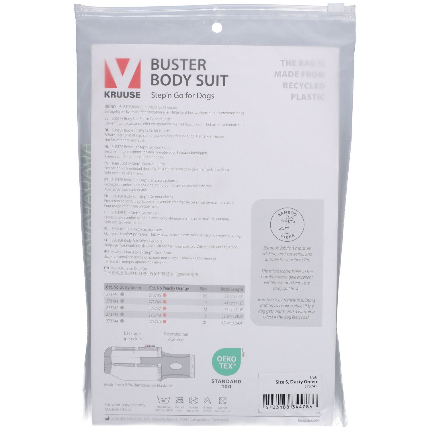 Dos de l'emballage du BUSTER Body Suit. Texte, informations de taille, label Oeko-Tex. Couleur: Dusty Green.