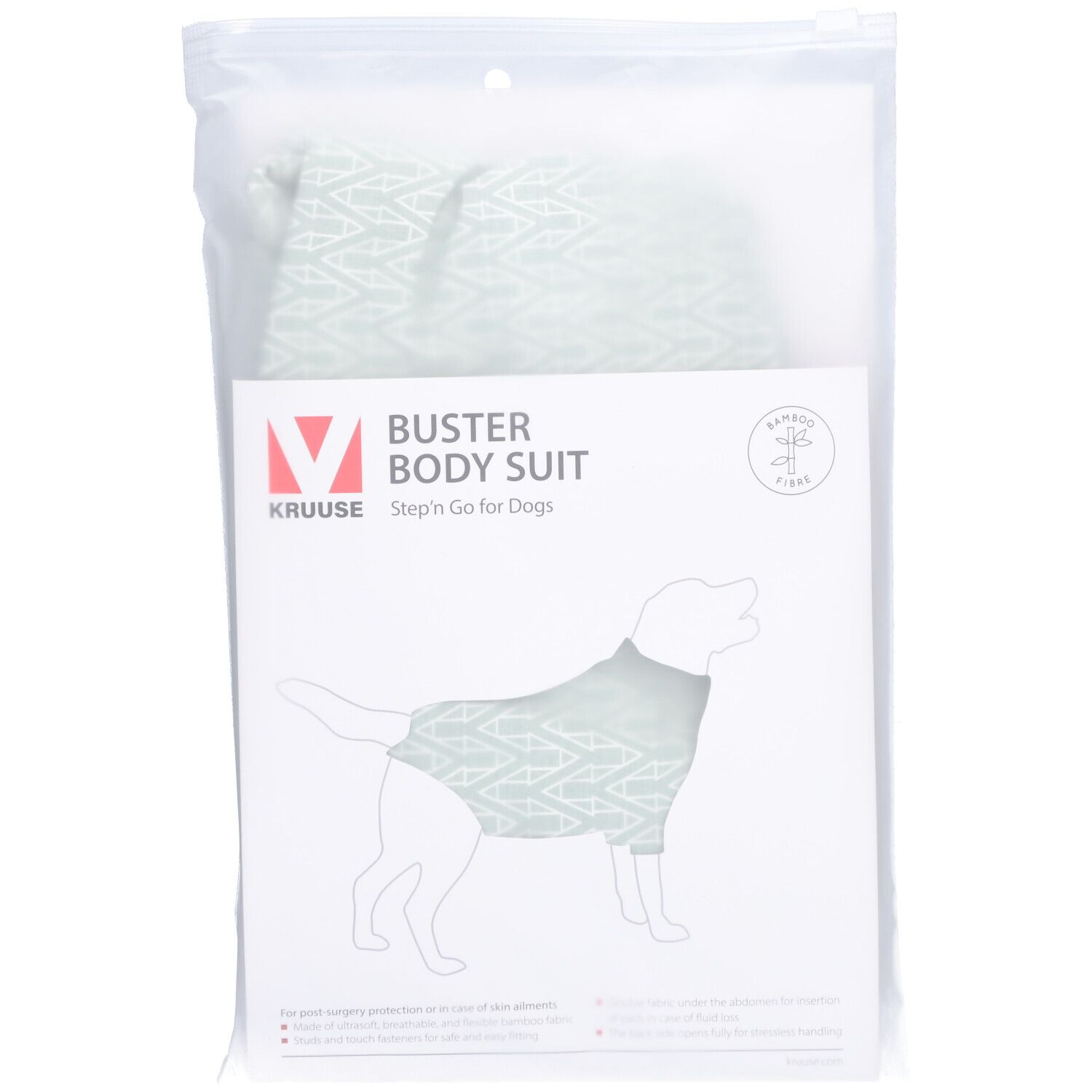 Emballage du BUSTER Body Suit. Tissu vert clair à motifs. Illustration d'un chien en costume. Texte: Step'n Go for Dogs.