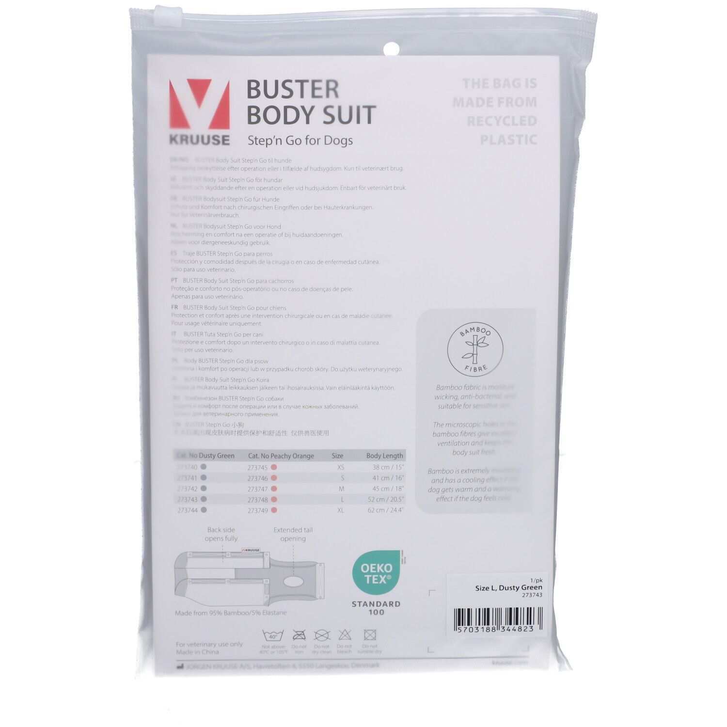 Dos de l'emballage du BUSTER Body Suit. Texte et schémas. Logo : fibre de bambou. Texte : Fabriqué à partir de plastique recyclé.
