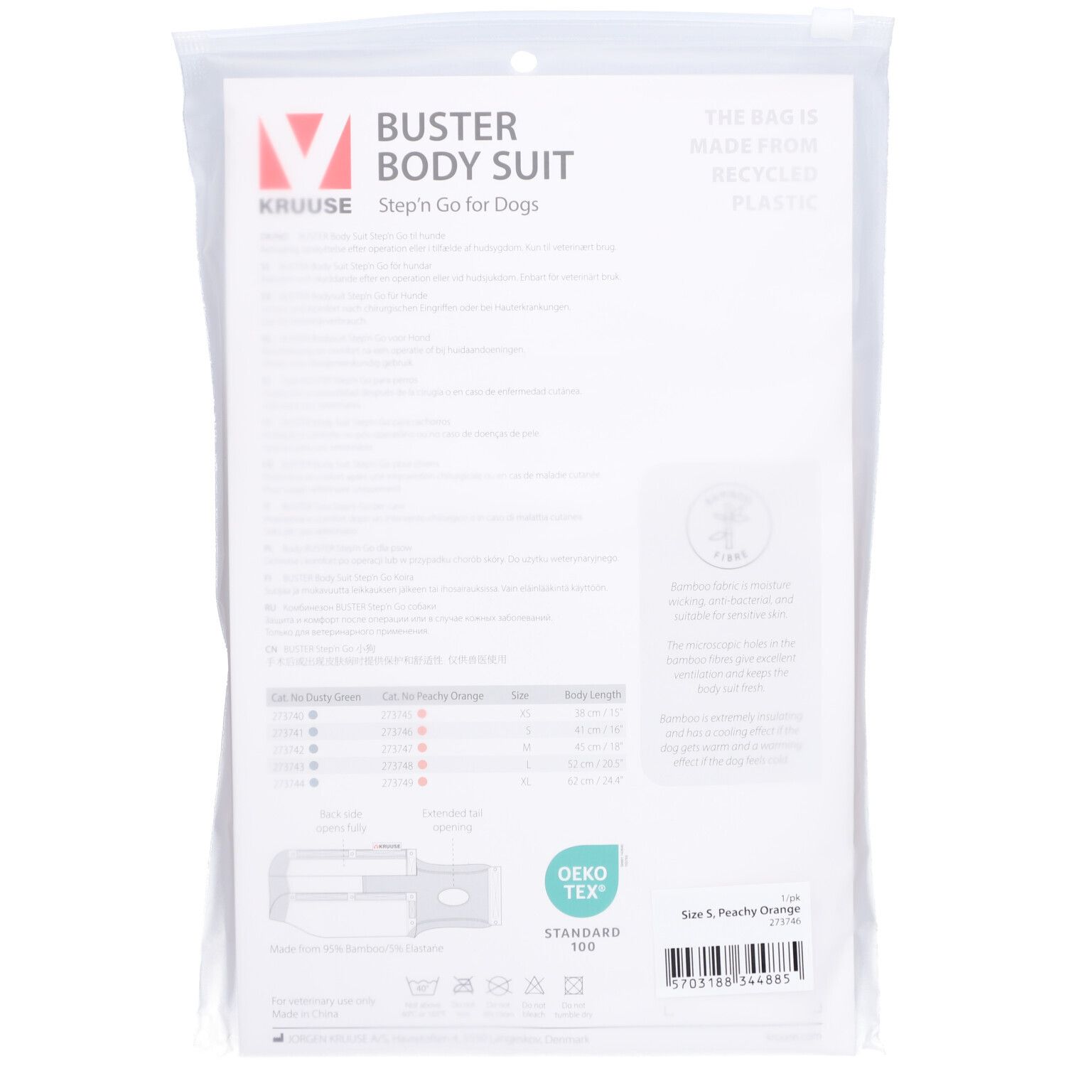 Achterkant van de verpakking van de BUSTER Body Suit. Tekst, maattabel, wassymbolen, OEKO-TEX-certificering.