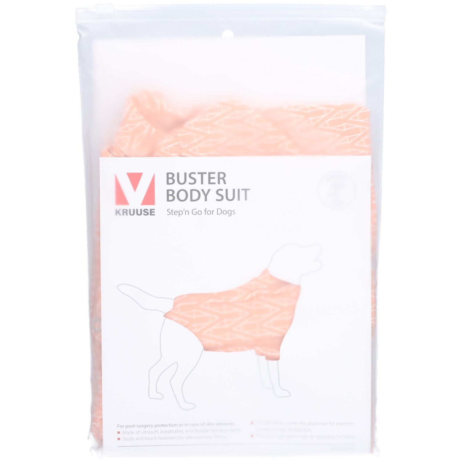 Vêtement pour chien dans un emballage. Texte : BUSTER BODY SUIT Step´n Go for Dogs. Motif rose. Illustration d'un chien.