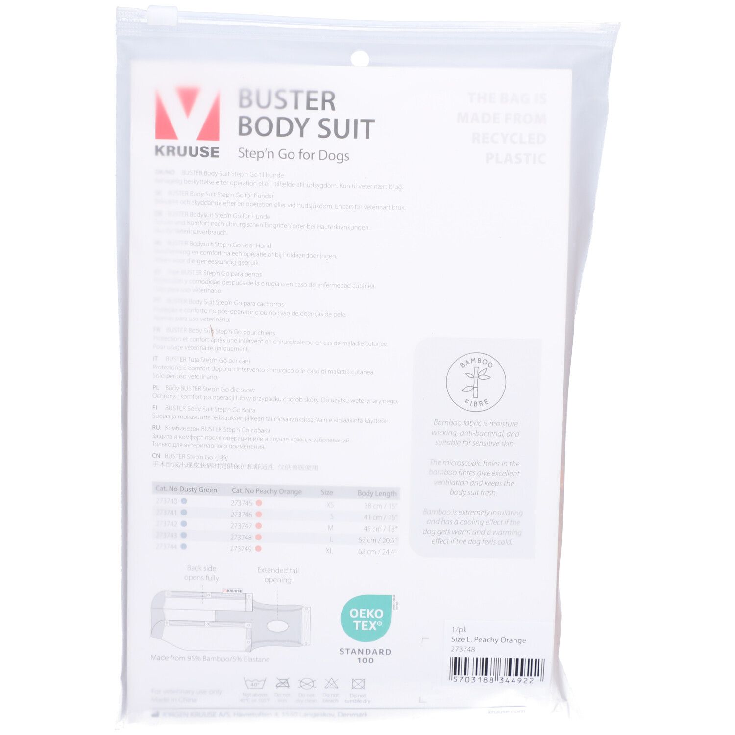Achterkant verpakking BUSTER Body Suit. Tekst en maatinfo. Logo en certificering.