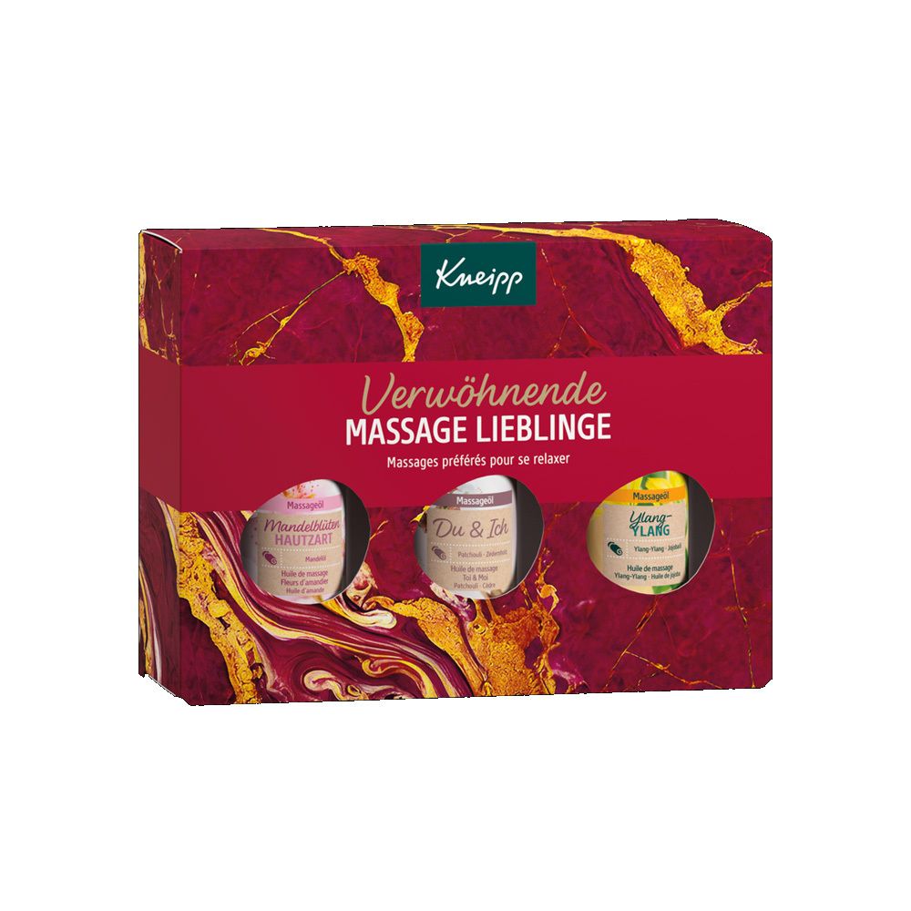 Kneipp geschenkverpakking met drie massageoliën. Rode verpakking met gouden accenten. Productnamen: Mandelblüten Hautzart, Du & Ich, Ylang Ylang.