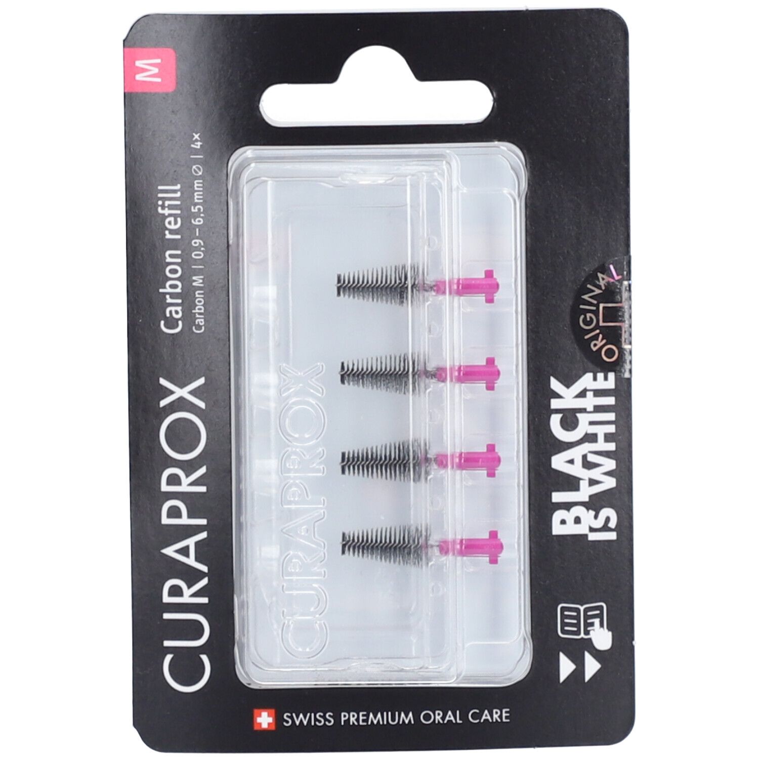 CURAPROX Carbon refill M, 4 interdentale borstels in blisterverpakking. Zwarte borstelharen, roze houder. Zwarte en witte verpakking.